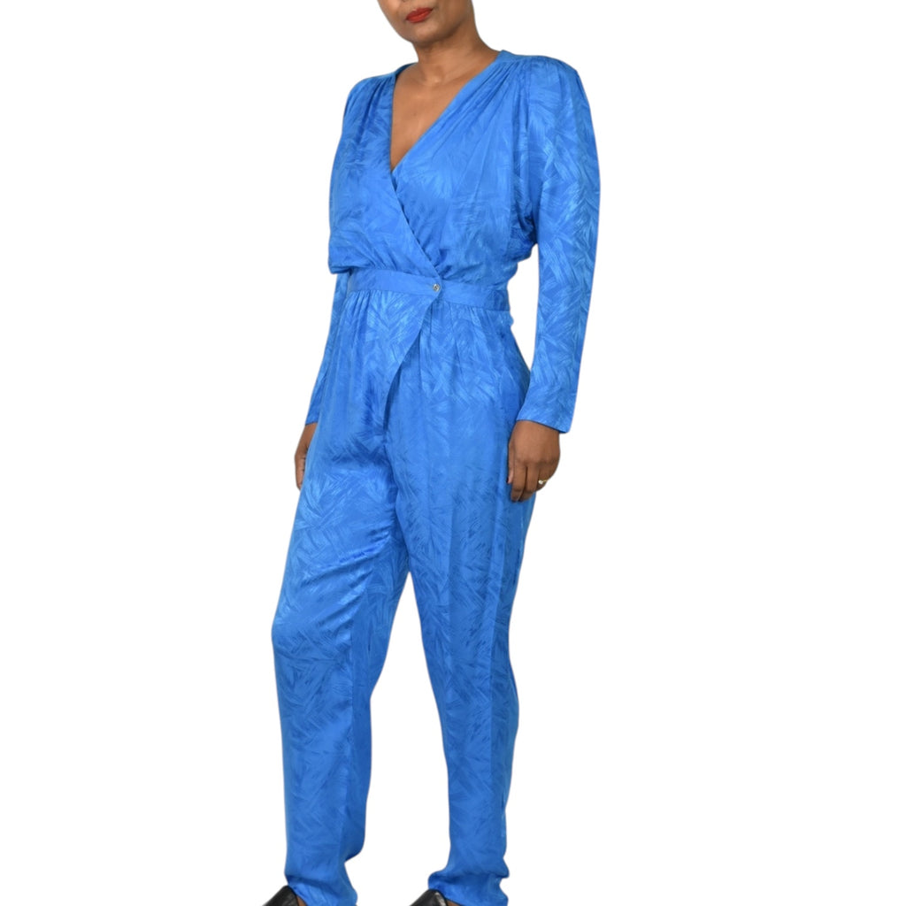 Nora Noh Silk Jumpsuit Blue Vintage Silky Shoulder Pads Tapered Boilersuit Jacquard Small