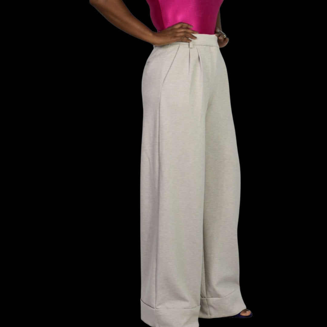 Express Stylist High Rise Pleated Wide Leg Trousers Beige Heather Knit Cuffed Pants 2 Long 2L
