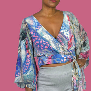 Leifsdottir Serpent Charmer Silk Blouse Top Blue Wrap Watercolor Print Kimono Sleeve Anthropologie 6