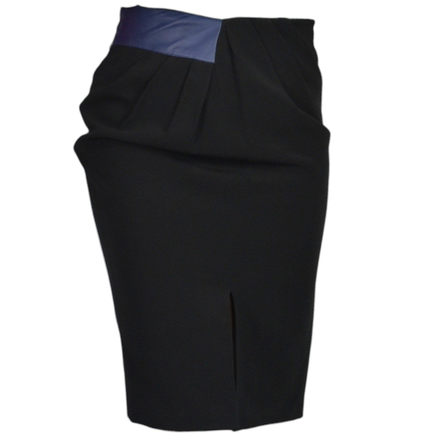 Raoul Two Tone Skirt Blue Leather Black Crepe Pencil High Waist Pleated Slit Small