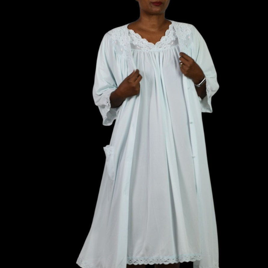 Vintage Shadowline Peignoir Set Blue Baby Powder Chiffon Sheer Nylon Negligee Gown Robe XL