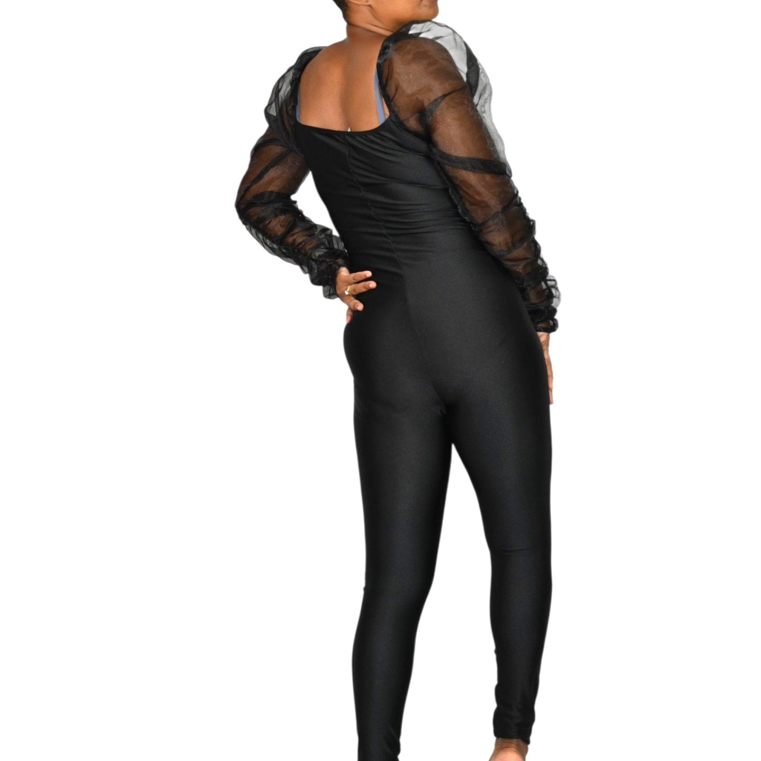 Lips Inc USA Jumpsuit Black Mesh Sheer Chiffon Puff Long Sleeve Bustier Bodysuit Small