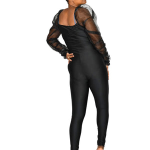 Lips Inc USA Jumpsuit Black Mesh Sheer Chiffon Puff Long Sleeve Bustier Bodysuit Small
