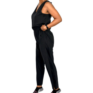 Athleta Brooklyn Jumpsuit Black Silky Pantsuit Tapered Casual Sleeveless Pockets Size 10