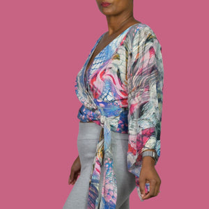 Leifsdottir Serpent Charmer Silk Blouse Top Blue Wrap Watercolor Print Kimono Sleeve Anthropologie 6