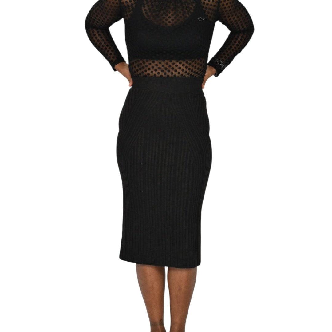 French Connection Jolie Knit Skirt Brown Stretch Pencil Midi Ribbed Texture Knee Length 2