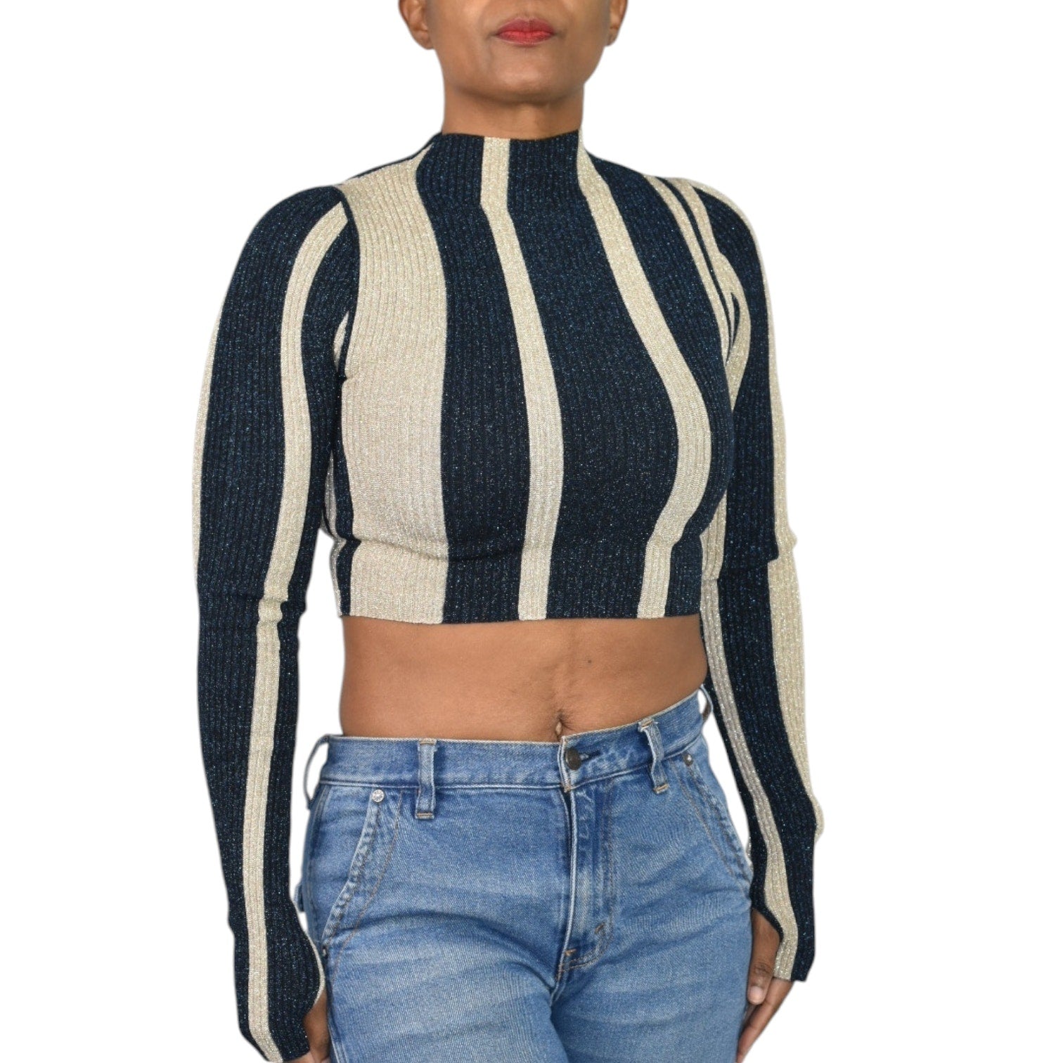 Self Portrait Crop Top Blue Striped Knit Lurex Metallic Shiny Mock Neck Fitted Small