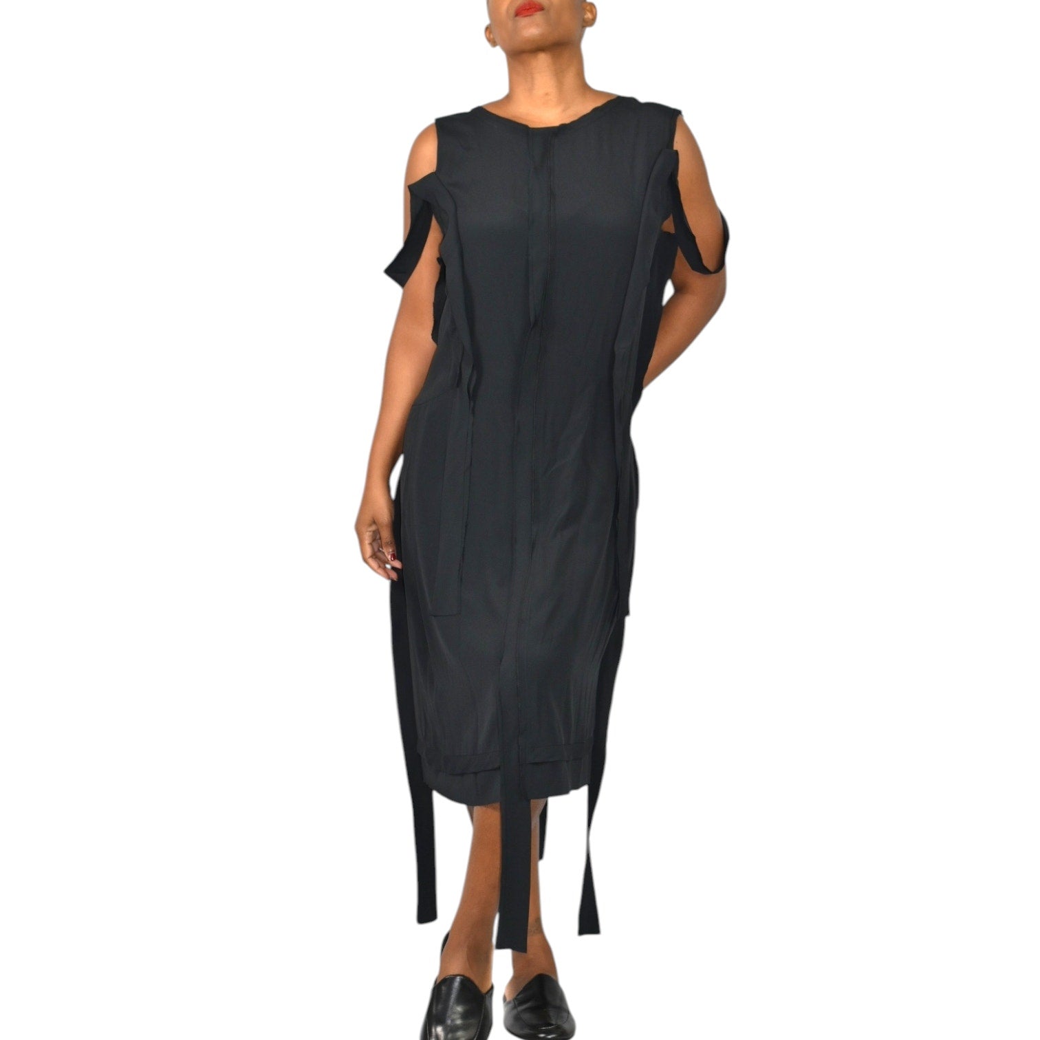 MeimeiJ Draped Dress Black Cutout Cold Shoulder Strappy Silk Blend Midi Wearable Art 8