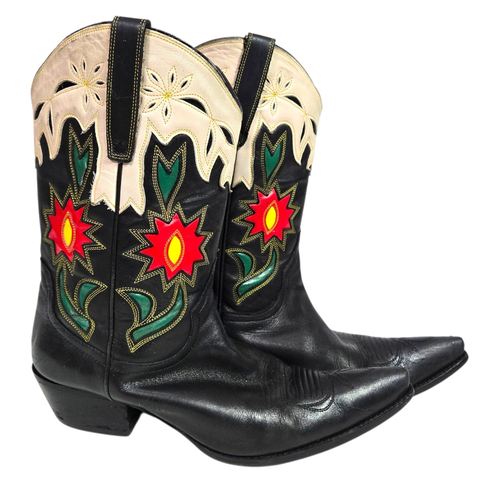 Vintage Cowboy Boots Floral Inlay Black Leather Guess Marciano Posh Applique Western Cowgirl 8