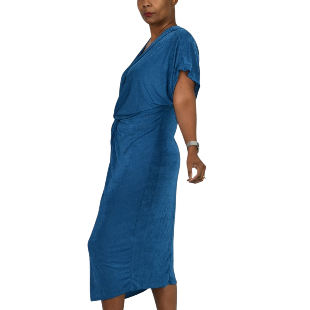 Floerns Dress Teal Blue Jersey Midi Ruched Knot Front Slit Shimmer Stretch Draped XL