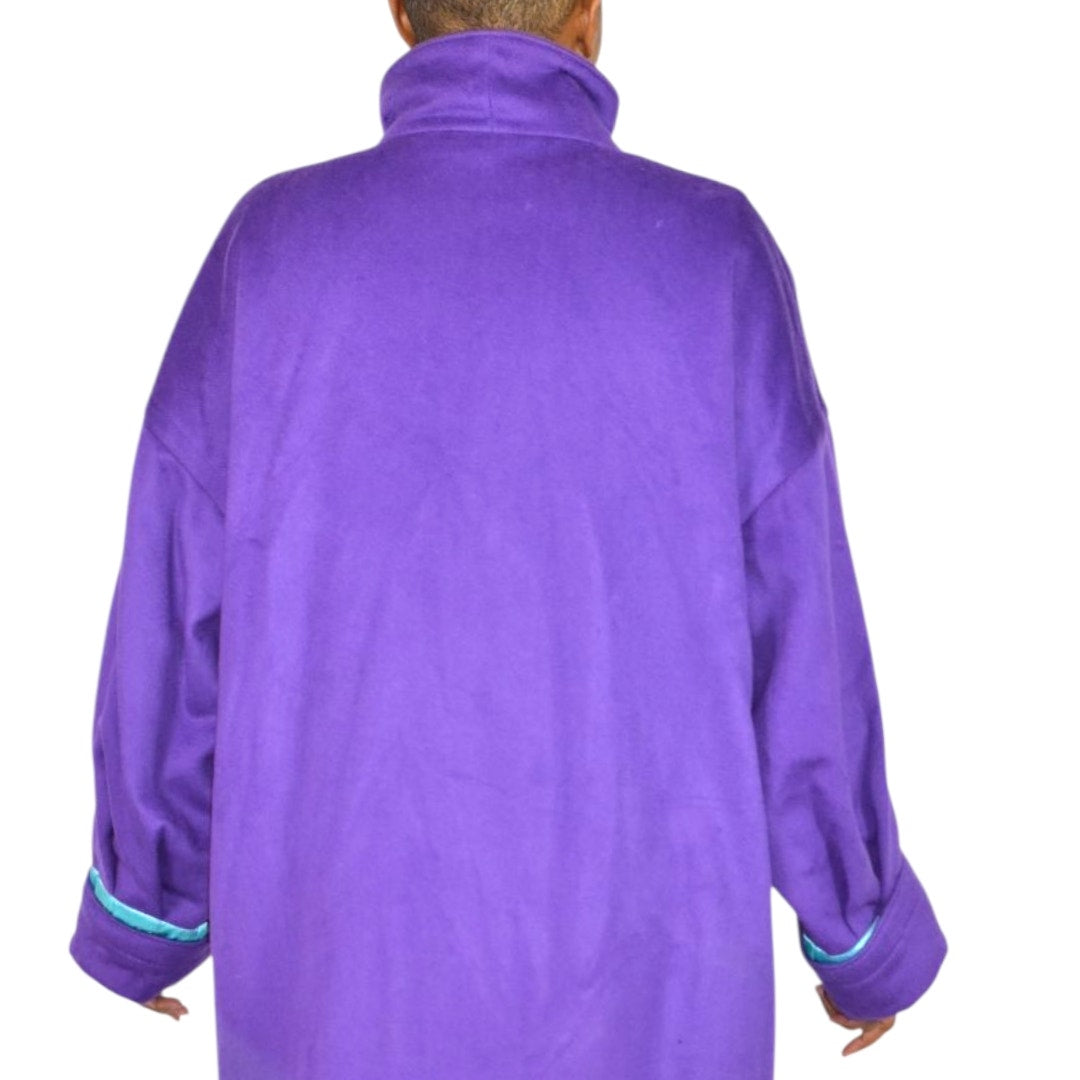 Vintage Purple Maxi Coat 90s Zip Felted Wool Blend Oversized Leather Trim Long Large OSFM