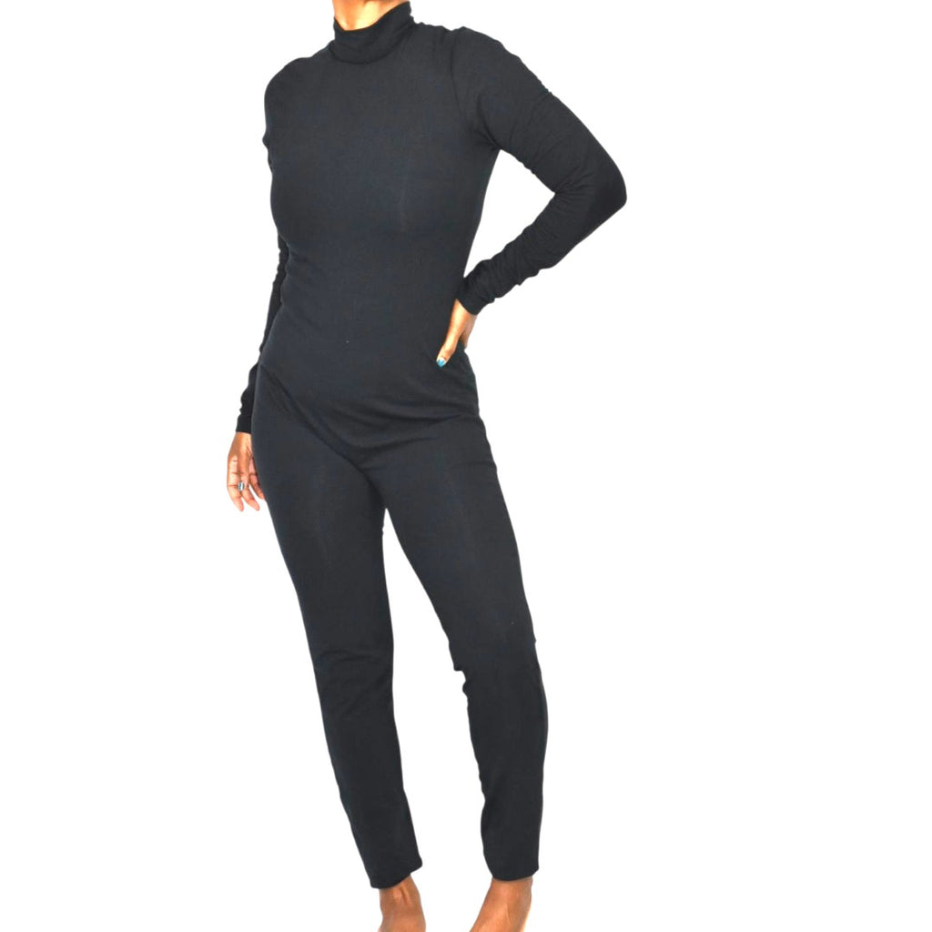 American Apparel Black Catsuit Cotton Spandex Long Sleeve Mock Neck Bodysuit Jumpsuit XL