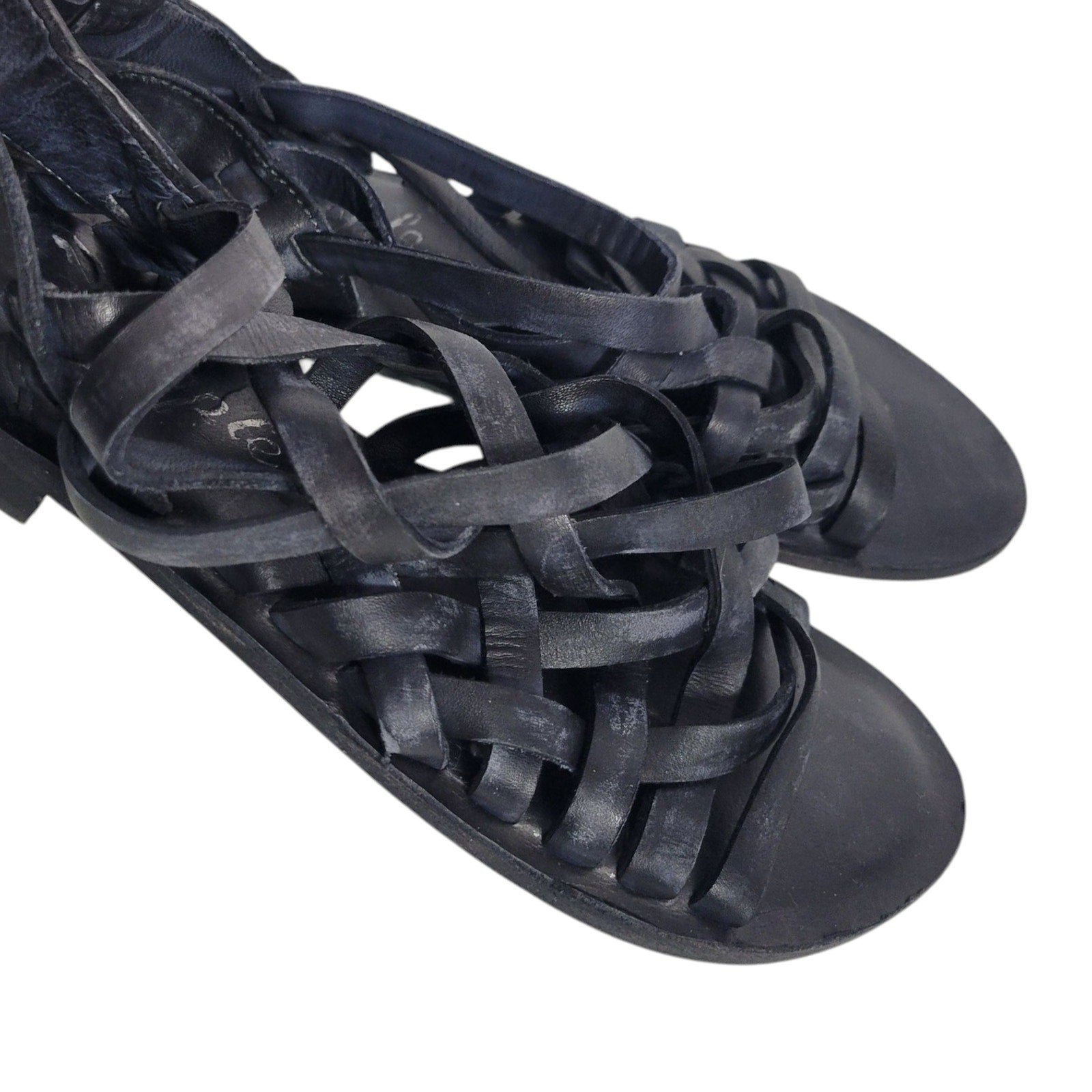 Free People Roman Sandals Black Leather Ankle Strap Gladiator Jesus Woven Open Toe Flat 38