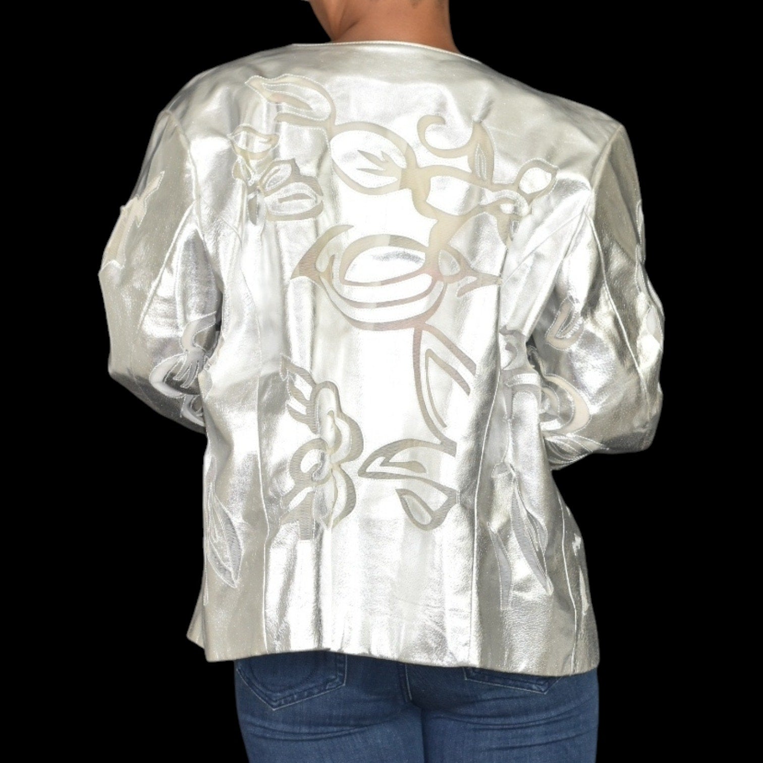 Chicos Odile Silver Leather Jacket Metallic Shiny Collarless Open Mesh Cutouts Size XL