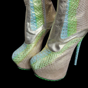 Eros Afrodite Platform Stiletto Boots Gold Green Leather Tall Metallic Mermaid Embossed Scales Snakeskin Heeled Size 7.5