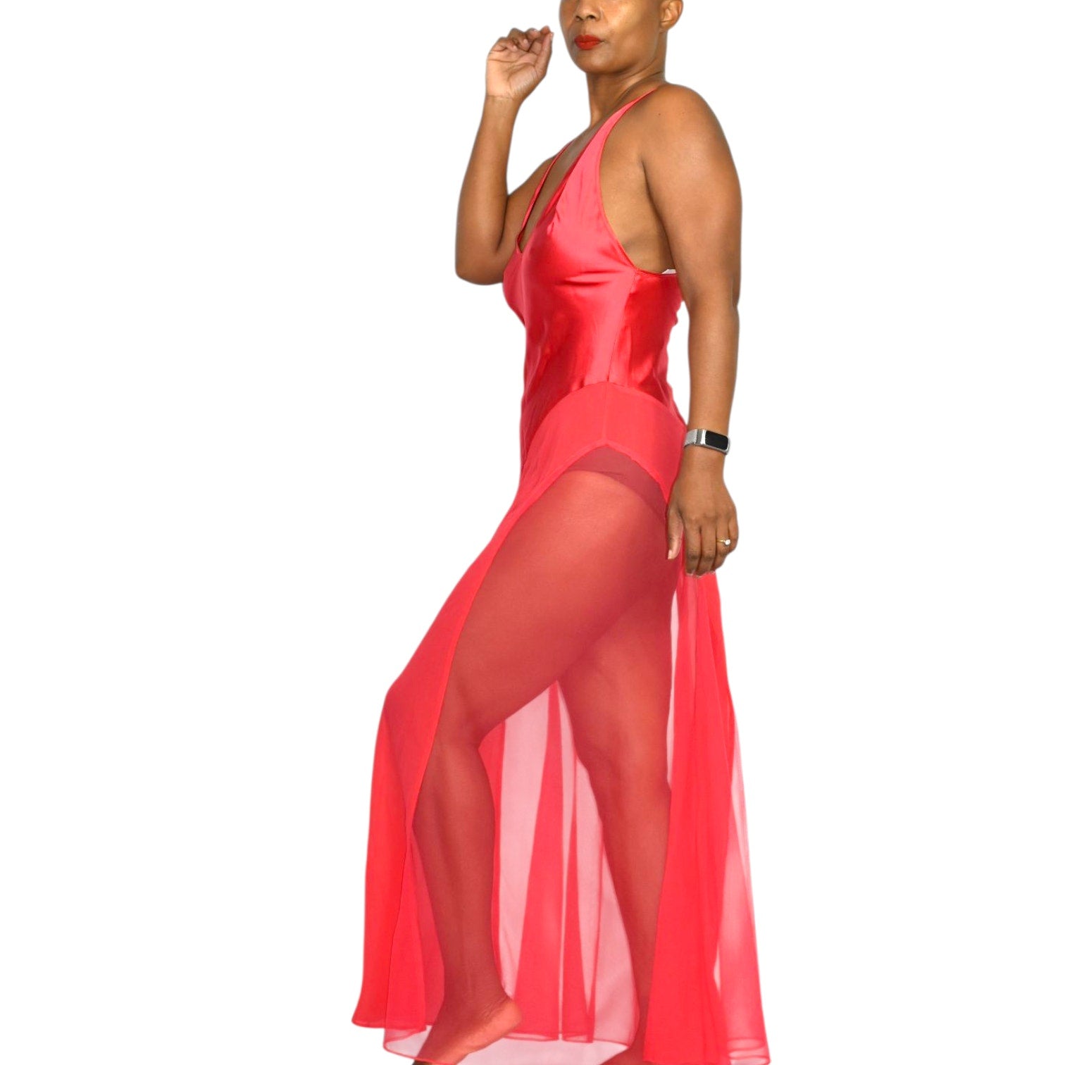 Victorias Secret Red Silk Nightgown Satin Sheer Tulle Chiffon Long Maxi Slip XS