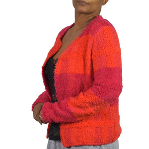 Marc Cain Boucle Sweater Jacket Pink Colorblock Furry Texture Pile Cardigan Wool Alpaca Open Size 6