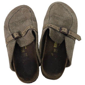 Birkenstock Eaton Suede Clogs Tan Taupe Slides Slip On Leather Mules Buckle 38 7