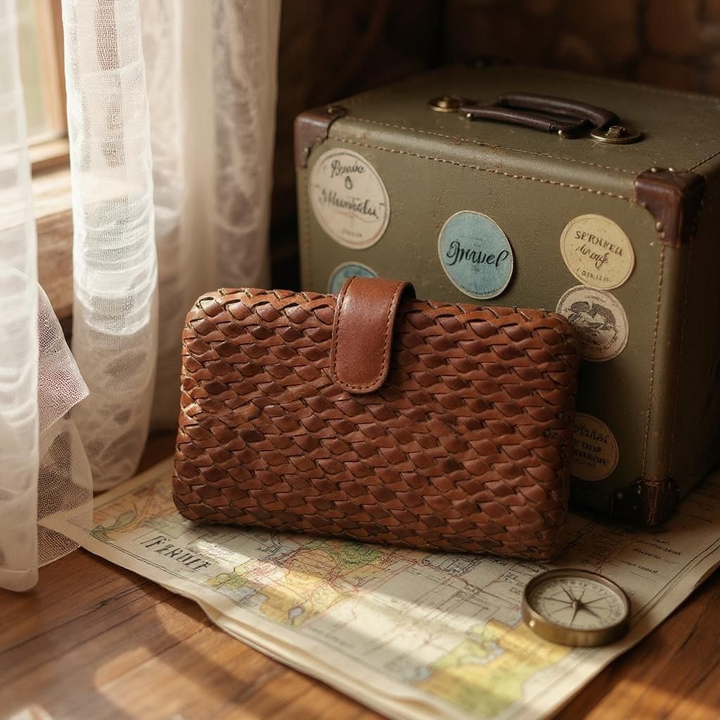 Vilenca Holland Wallet Brown Cognac Leather Woven Soft Pocket Slots Basketweave Billfold Bifold