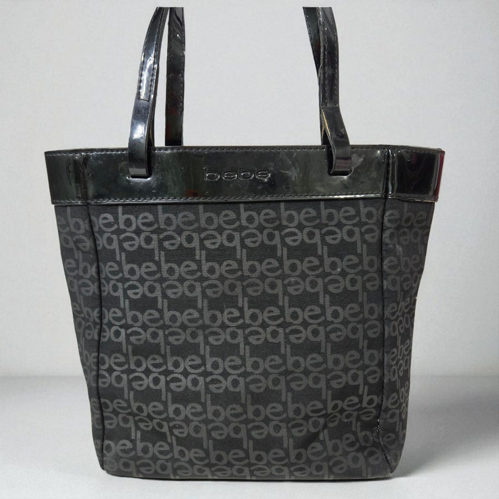 Vintage Bebe Mini Tote Bag Black Logo Patent Leather Straps Shopper Handbag Y2K Purse