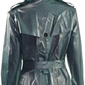 Dorothee Schumacher Techno Transparency Trench Coat Green Teal Vinyl Raincoat Belted Transparent XL