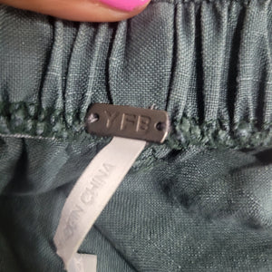 Young Fabulous Broke Cove Pant Green YFB Front Slits Crop Flare High Waist Washed Linen XS