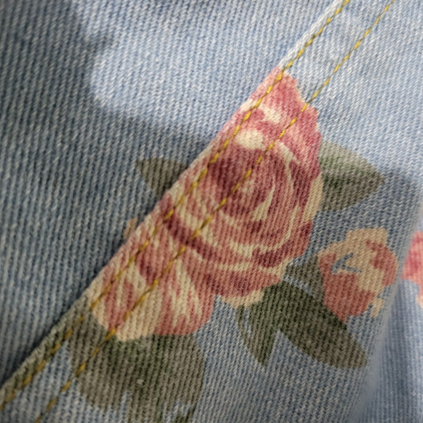 Yi Luo Floral Jean Overall Dress Blue Denim Bib Fly Front Roses Retro Pinafore Apron Size Small