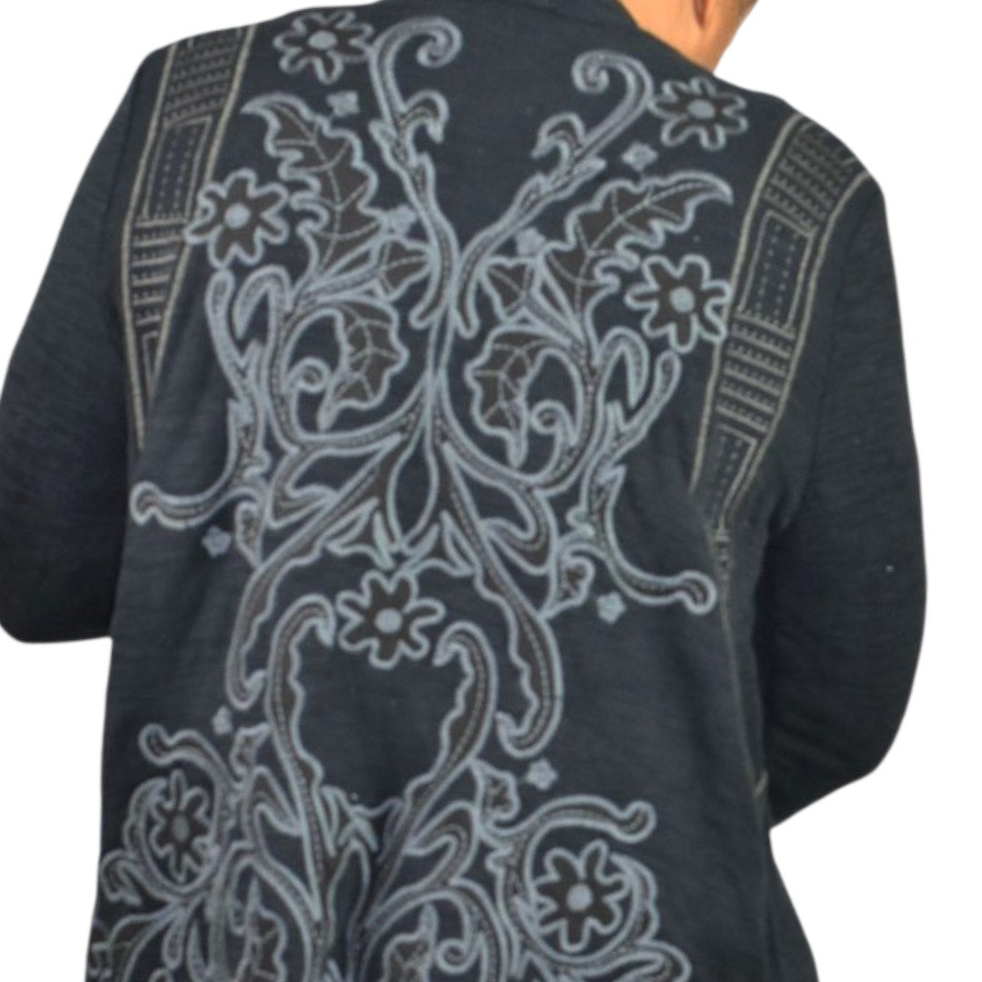 Paparazzi Biz Embroidered Asymmetric Cardigan Jacket Black Duster Cotton Open Front Medium