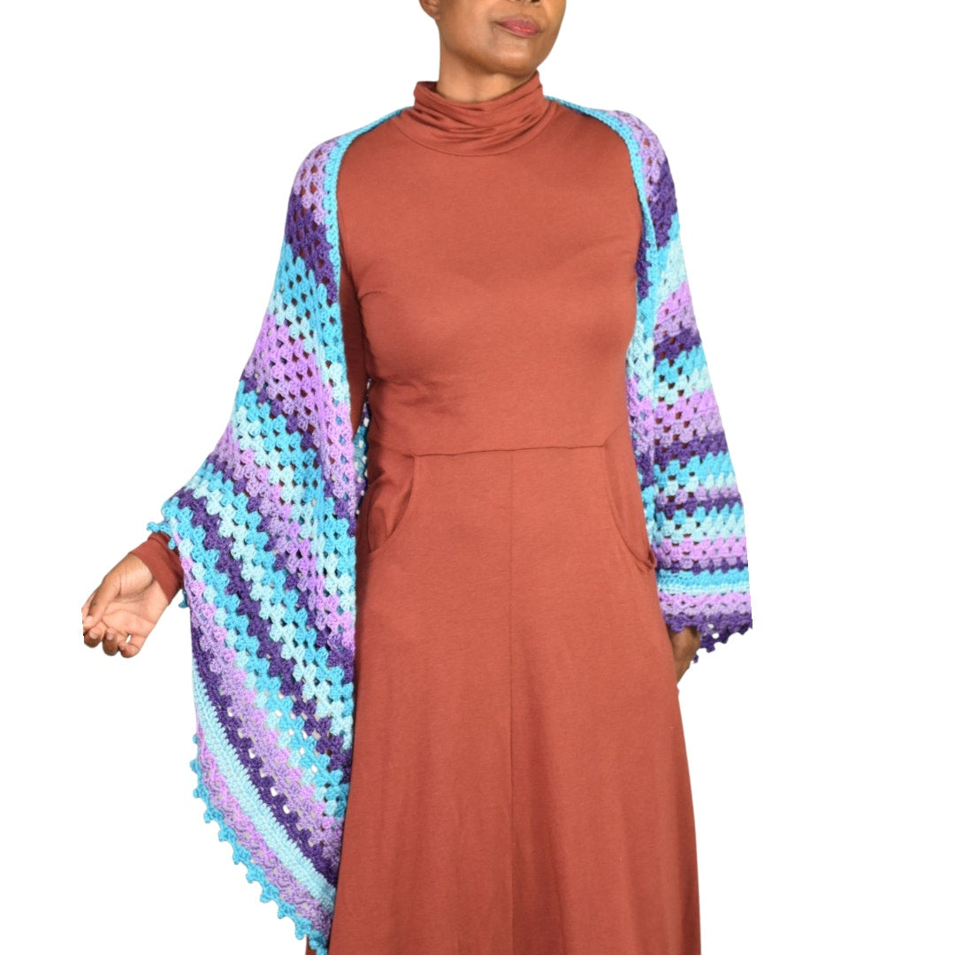 Hand Knit Crochet Shawl Blue Purple Ombre Blanket Wrap Triangle Granny Squares Vintage Afghan One Size S M L