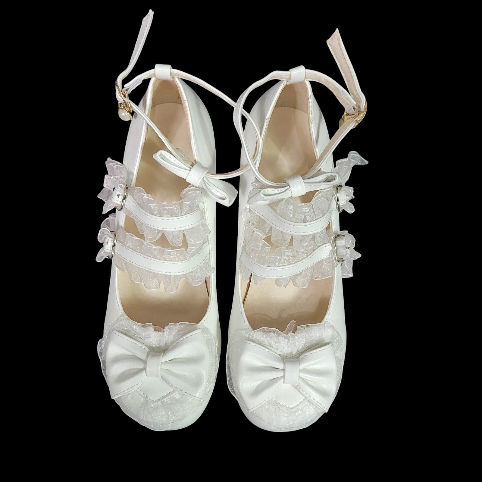 Lolita Mary Jane Shoes White Bows Ribbons Chunky Block Heels Platform Coquette Frilly Size 8