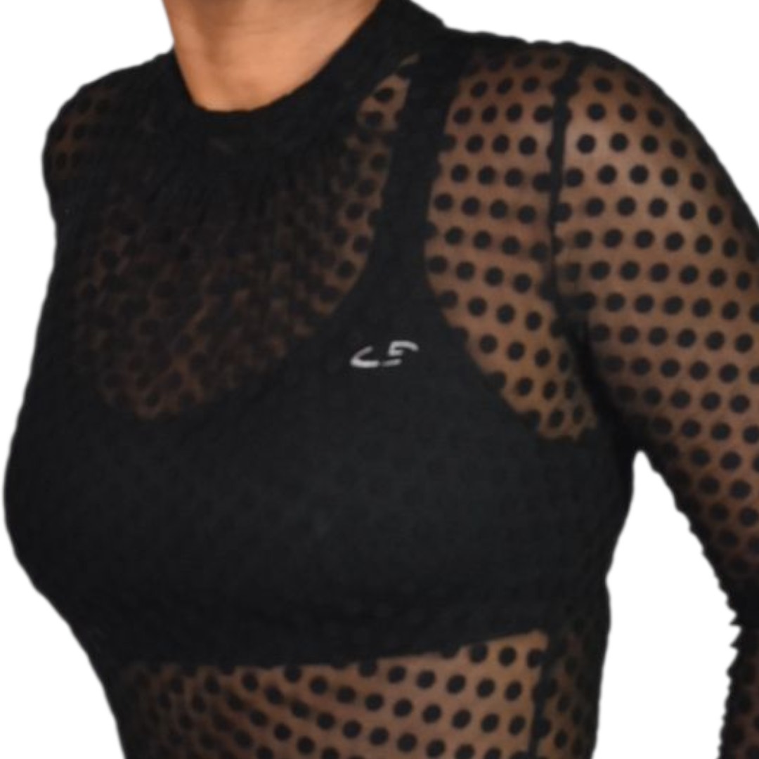 Windsor Sheer Bodysuit Black Flocked Polka Dot Mock Mesh Neck Long Sleeves Top Small