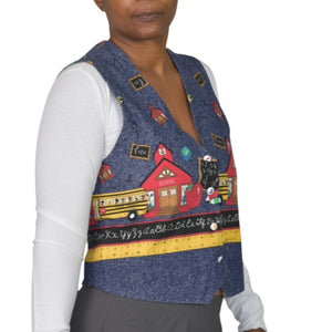 Homemade School Bus Teacher Vest Blue Kids Bus Button Front Cotton Novelty Waistcoat Small