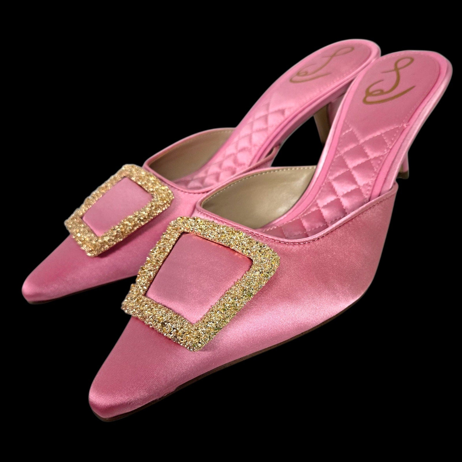Sam Edelman Brit Satin Mules Pink Almond Toe Embellished Buckle Quilted Sole Kitten Heel 8