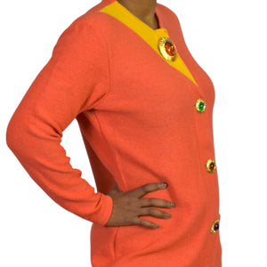 Vintage Steve Fabrikant Knit Dress Orange Color Block Button Front Jeweled Funky Medium