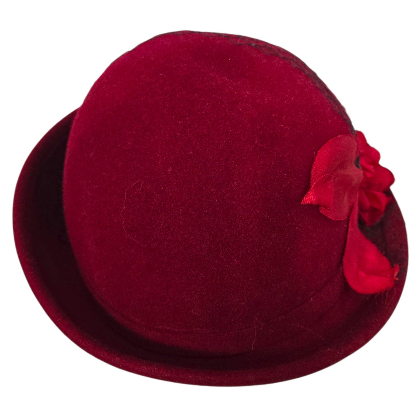 Vintage Betmar Cloche Hat Red Felt Wool Brim Winter Dressy USA Veil Flowers 40s 50s Style Fascinator Small