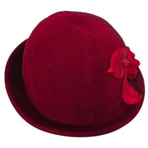 Vintage Betmar Cloche Hat Red Felt Wool Brim Winter Dressy USA Veil Flowers 40s 50s Style Fascinator Small
