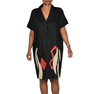 Vintage Andrea Jovine Linen Dress Black Print Abstract Embroidery Cocoon 10 Medium