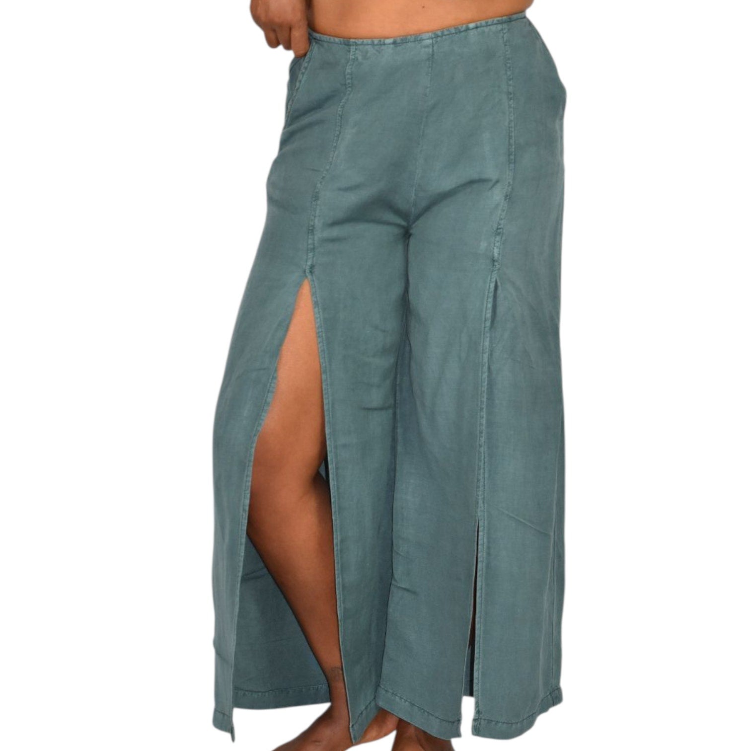 Young Fabulous Broke Cove Pant Green YFB Front Slits Crop Flare High Waist Washed Linen XS