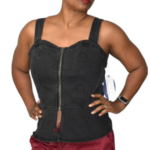 Scoop NYC Denim Bustier Black Corset Tank Top Zip Front Stretch Sweetheart Front Slit Medium