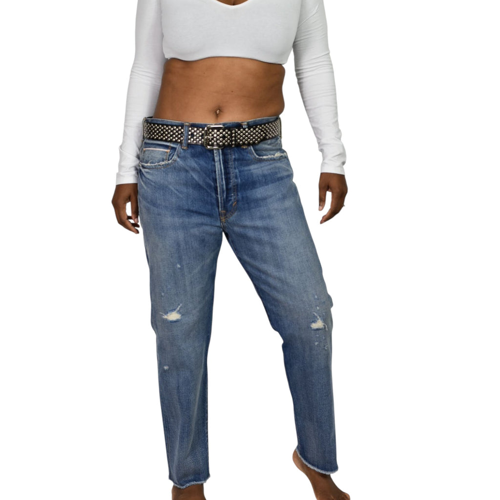Vince Union Slouch Jeans Blue Distressed Relaxed Crop Craftsman Medium Wash Rigid Cotton Button Fly 28