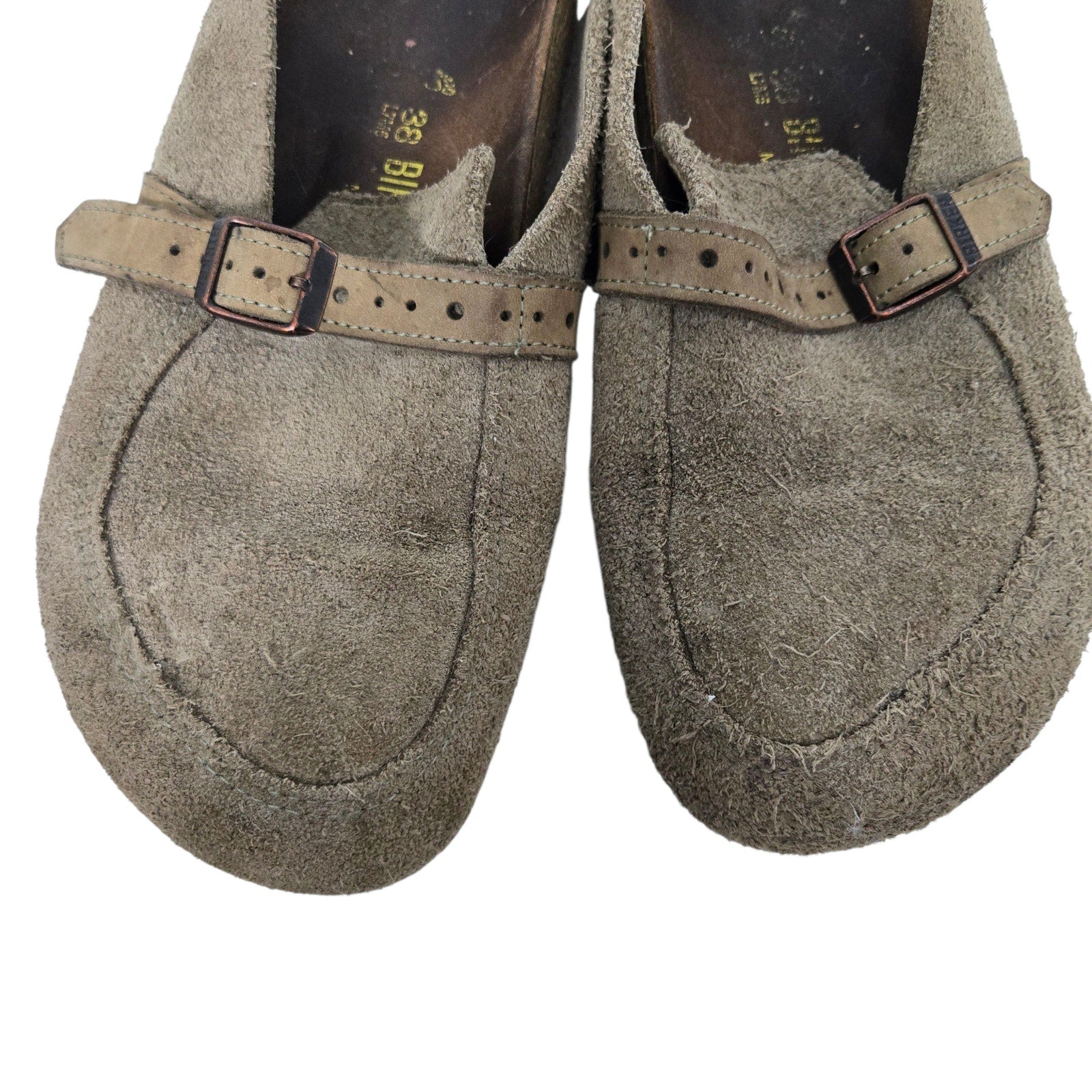 Birkenstock Eaton Suede Clogs Tan Taupe Slides Slip On Leather Mules Buckle 38 7