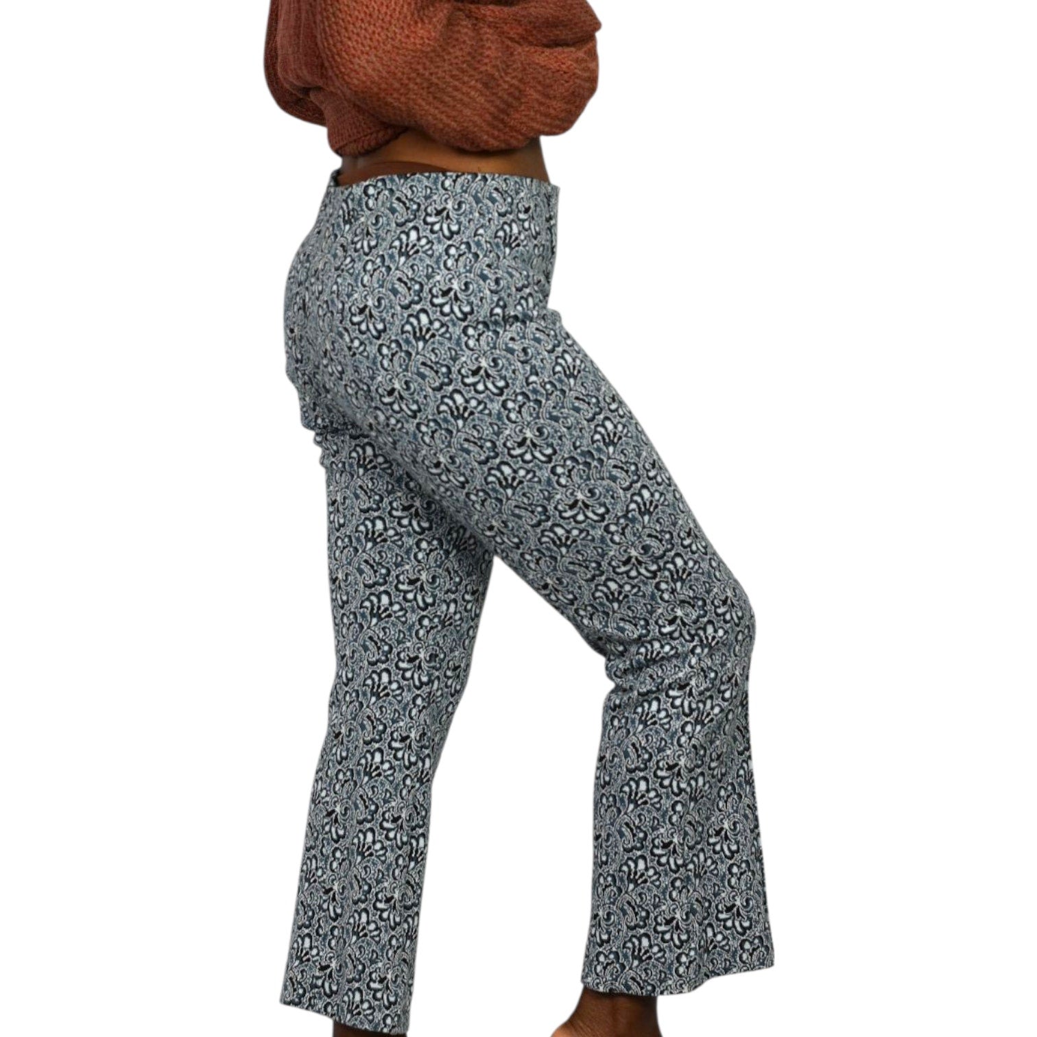 Maeve Margot Knit Pants Blue Paisley Flower Jacquard Cropped Flare Pull ONAnthropologie Small