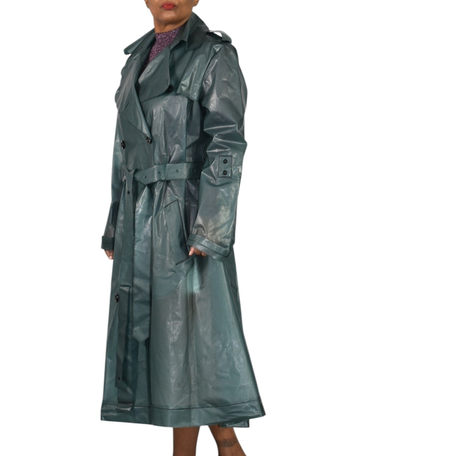 Dorothee Schumacher Techno Transparency Trench Coat Green Teal Vinyl Raincoat Belted Transparent XL