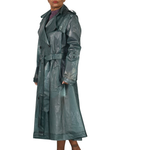 Dorothee Schumacher Techno Transparency Trench Coat Green Teal Vinyl Raincoat Belted Transparent XL