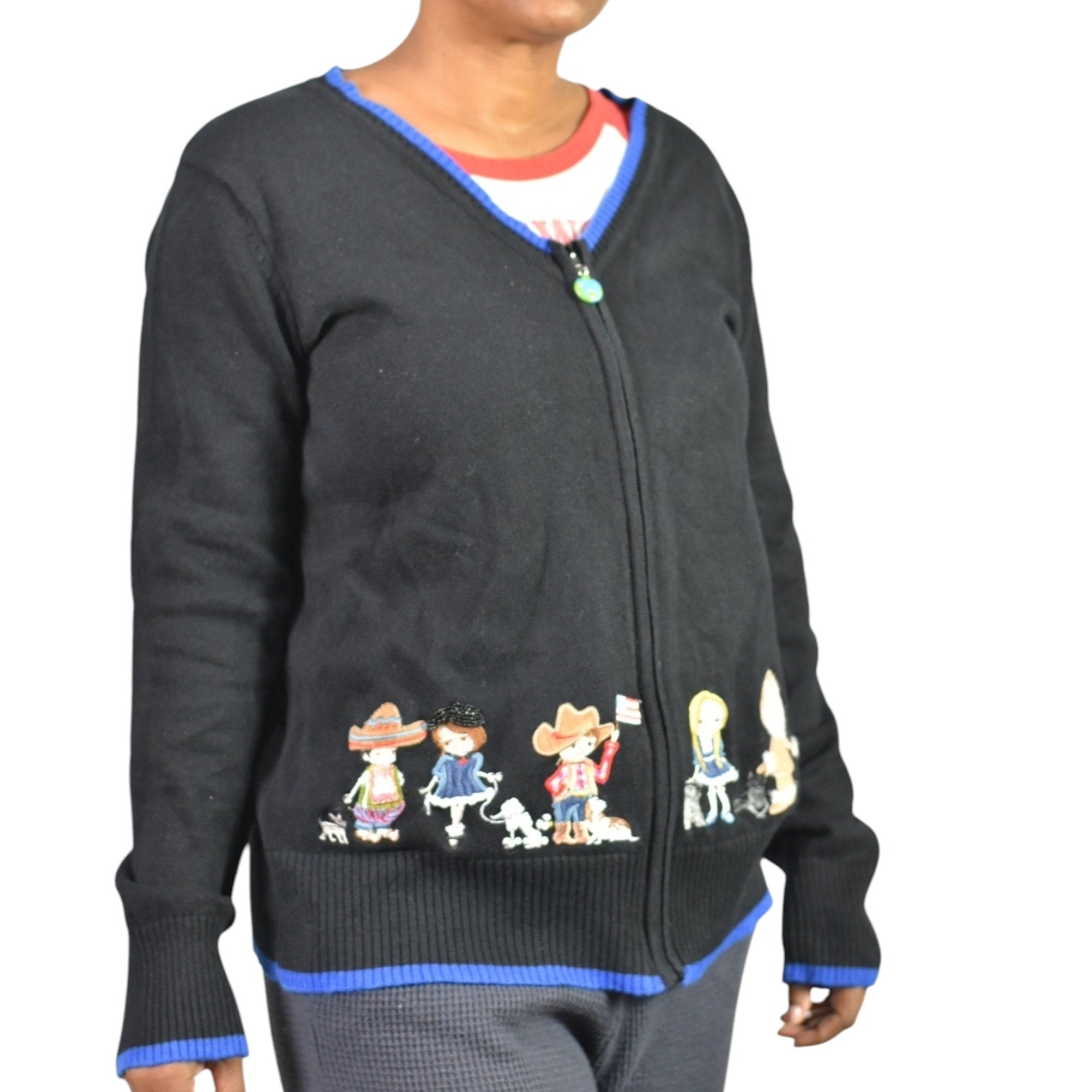 Vintage Storybook Knits Cardigan Sweater Black Kids World Peace Embroidered Embellished HSN Large