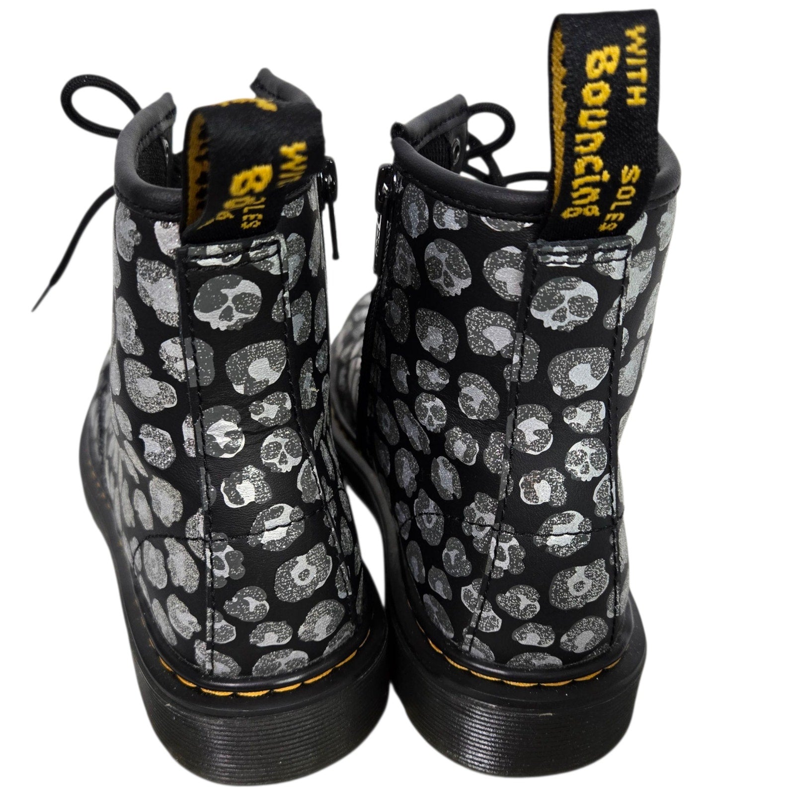 Dr Martens Junior Leopard Hydro Combat Boots Black Skulls Metallic Leather Ankle Girls 4