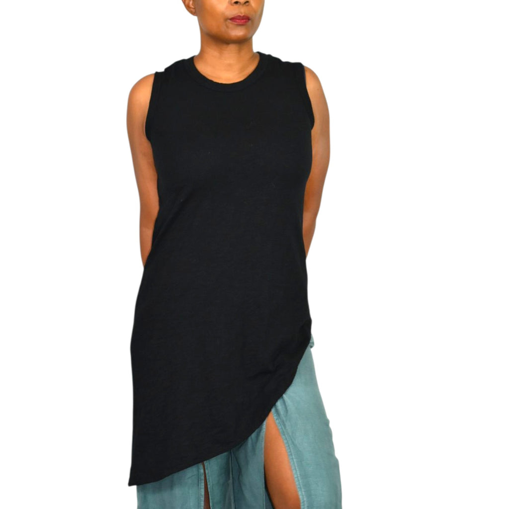 Wilt Black Slant Hem Tank Top Black Sleeveless Tee Angled Slub Jersey Asymmetric Casual Travel XS