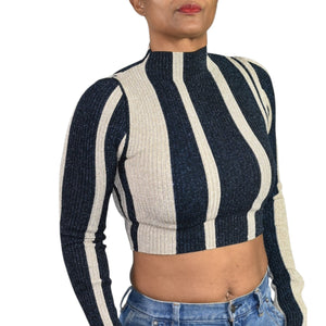 Self Portrait Crop Top Blue Striped Knit Lurex Metallic Shiny Mock Neck Fitted Small