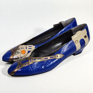Vintage Margaret J Eiffel Tower Pumps Blue Leather Paris France Kitten Heel Almond Toe 8