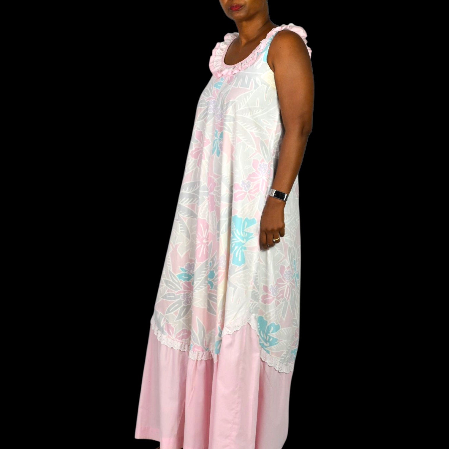 Vintage Hilda Hawaii Dress Pink Pastel Hawaiian Floral Maxi Tiered Eyelet Muumuu Small